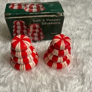 Peppermint Candy Ceramic Salt & Pepper Shakers Christmas Set with Box